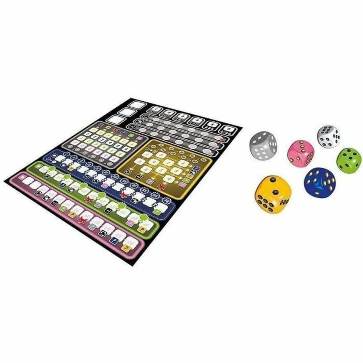 Bordspelcomponenten: spelbord met gekleurde secties en dobbelstenen in verschillende kleuren, waaronder geel, roze en groen.