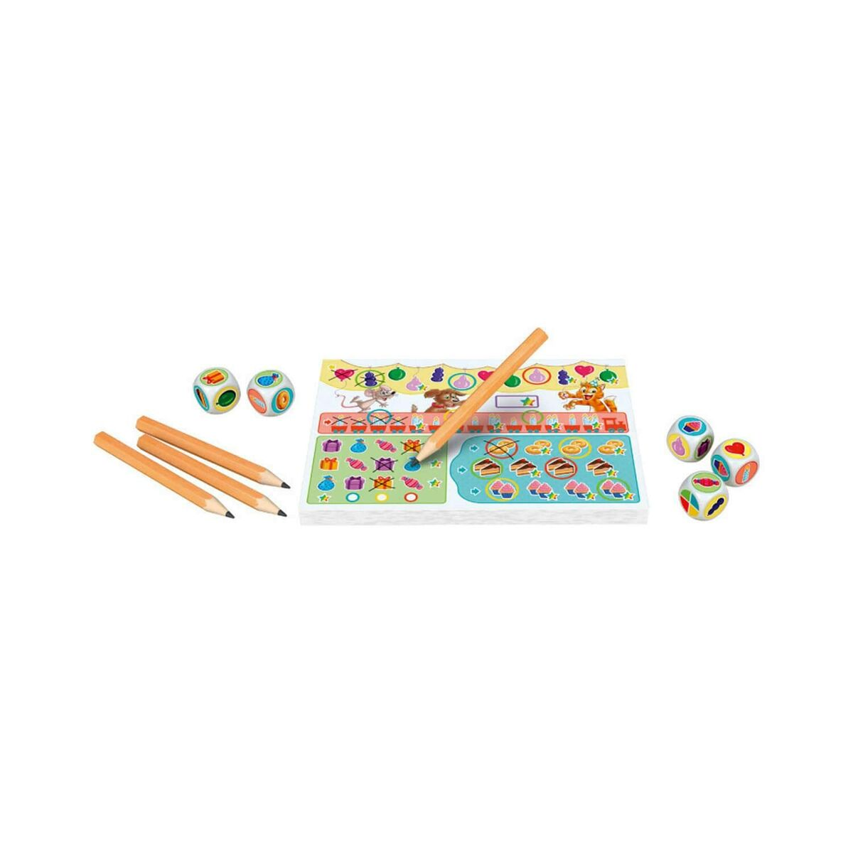 Een spel met een bord, potloden en dobbelstenen. Het bord heeft afbeeldingen van dieren en eten. Dobbelstenen zijn veelkleurig. Potloden zijn oranje.