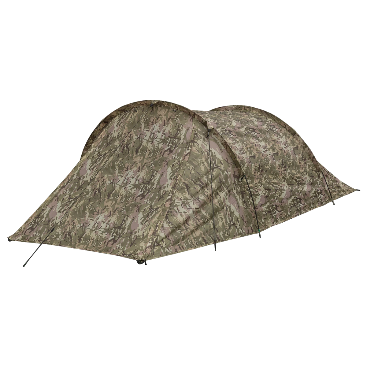 Ein Tarnzelt wird auf weißem Hintergrund gezeigt. Es ist ein Zwei-Personen-Zelt mit geschwungener Form und Camouflage-Muster.