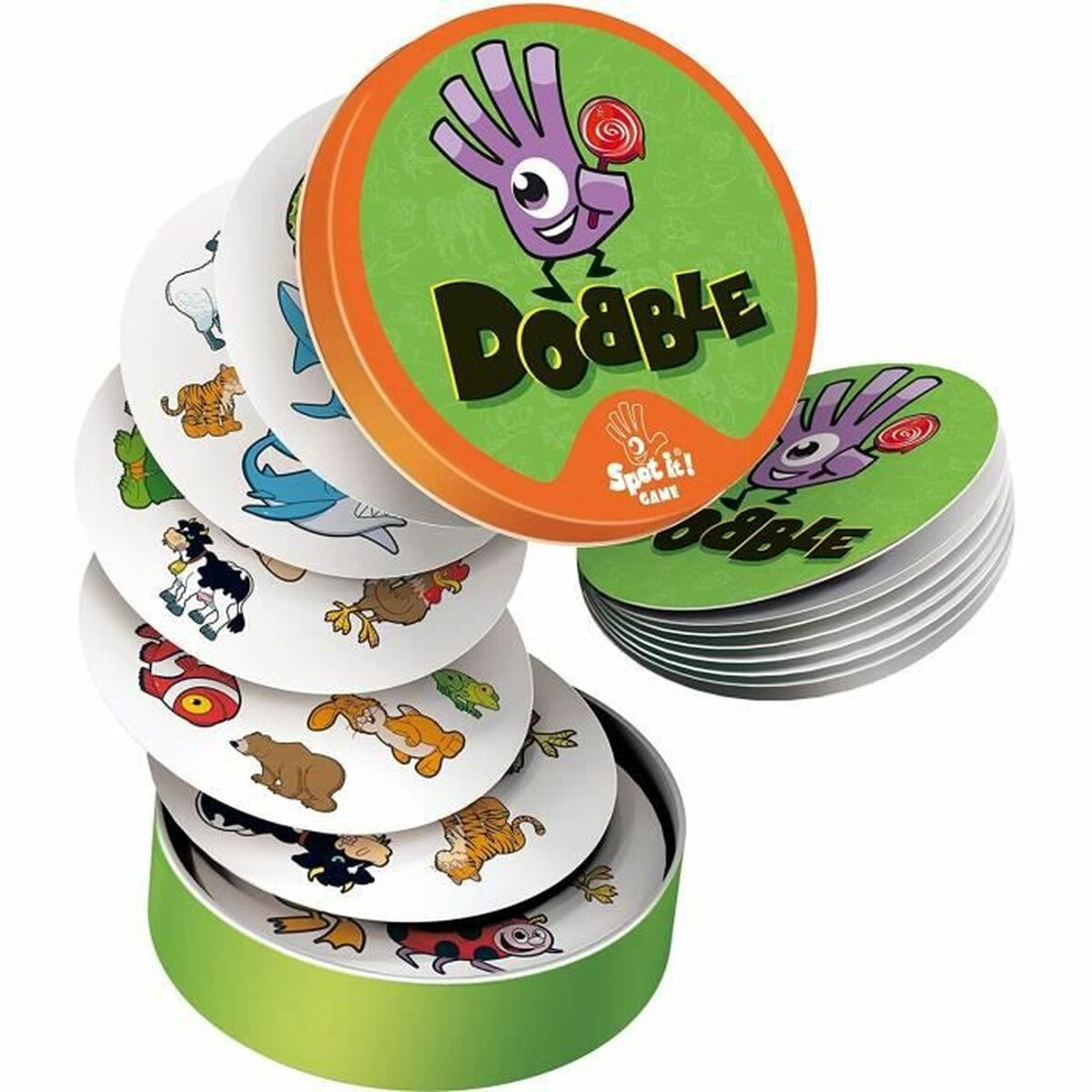 Een 'Dobble' kaartspel set. Bevat ronde kaarten met verschillende dier- en objectillustraties, en een groene en oranje blik.