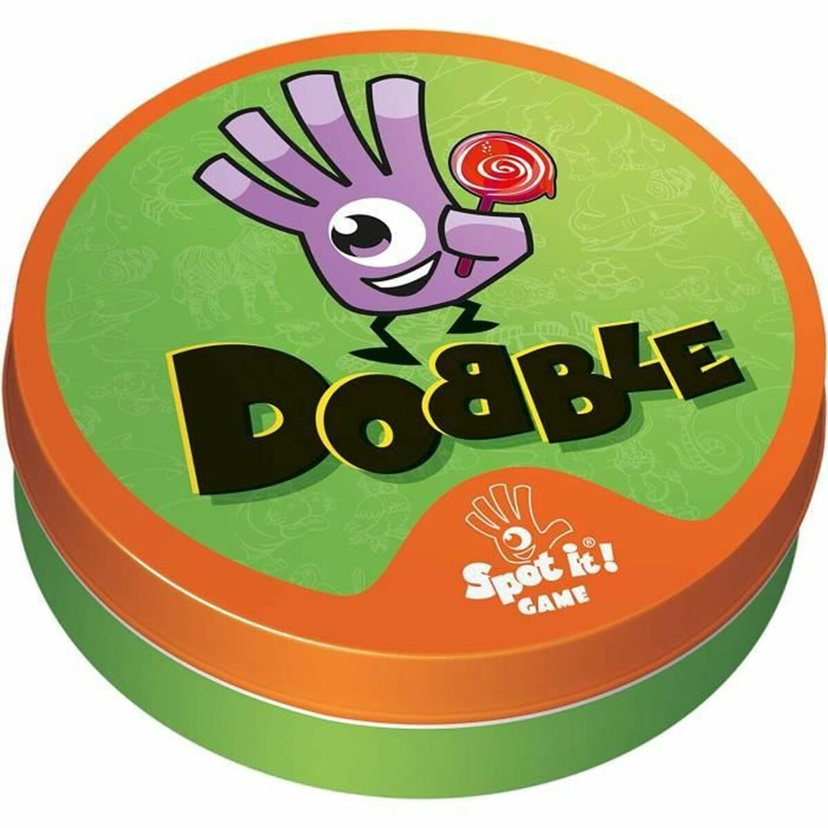 Een ronde 'Dobble' spelblik met een hand die een lolly vasthoudt op een groene achtergrond. Oranje en groene ringen omringen het spelblik.