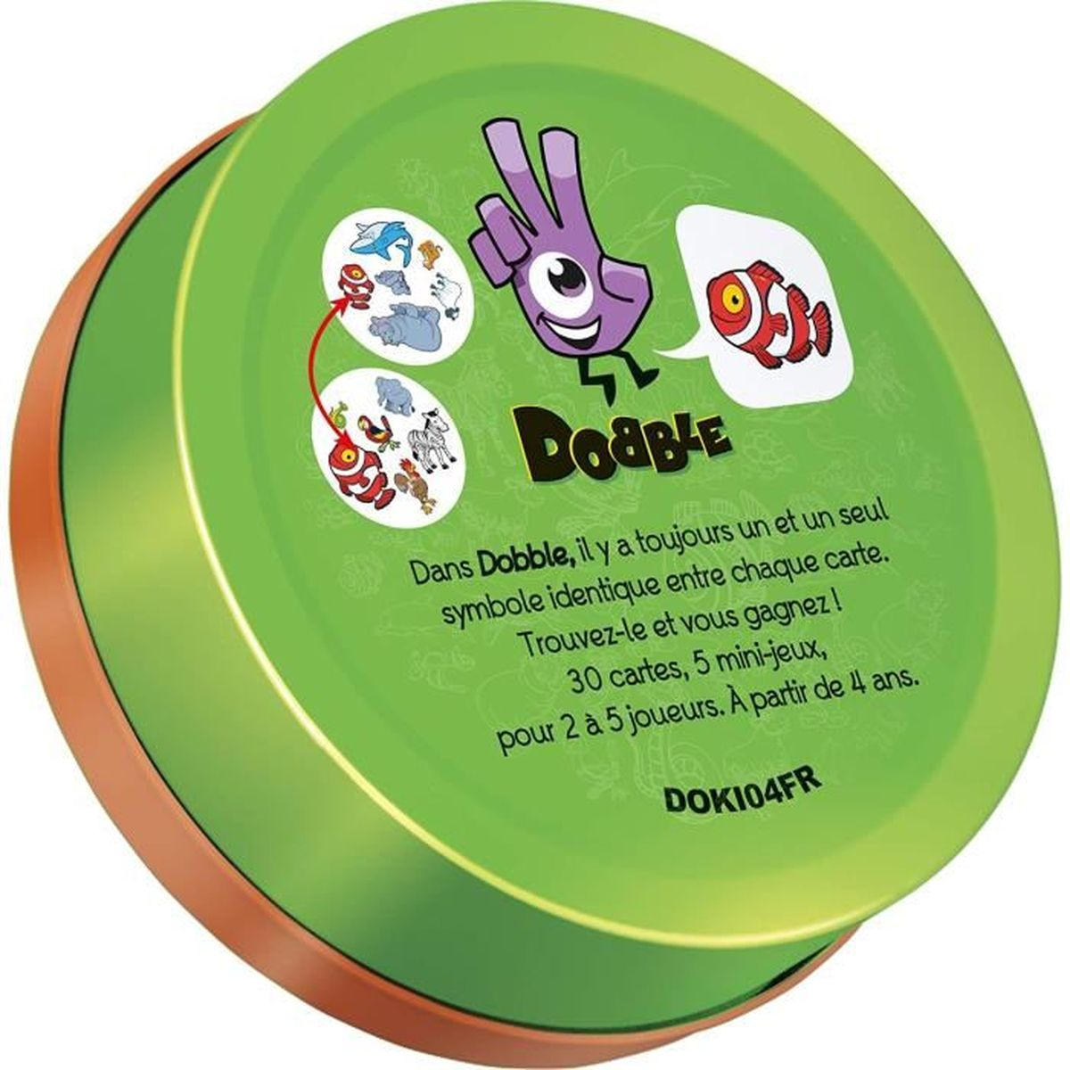Een groene Dobble-speldoos. De doos heeft een deksel en een bodem. De deksel heeft afbeeldingen van dieren en een paarse hand.