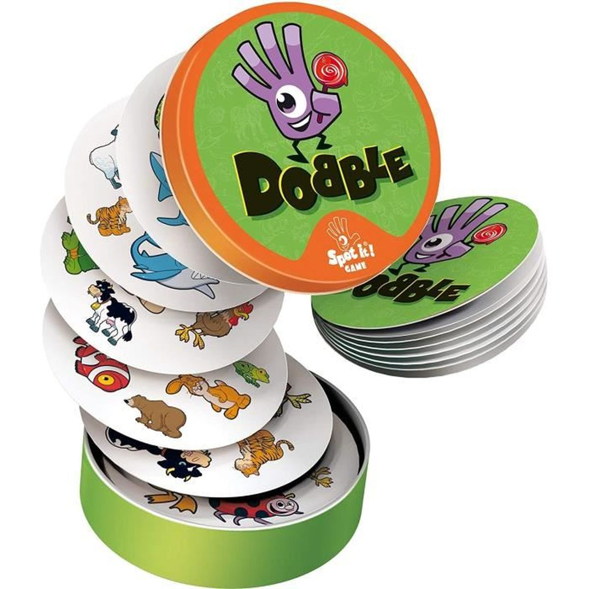 Het spel 'Dobble', met kaarten die verschillende illustraties van dieren tonen, zit in een groene en oranje doos. Sommige kaarten zijn uitgespreid.