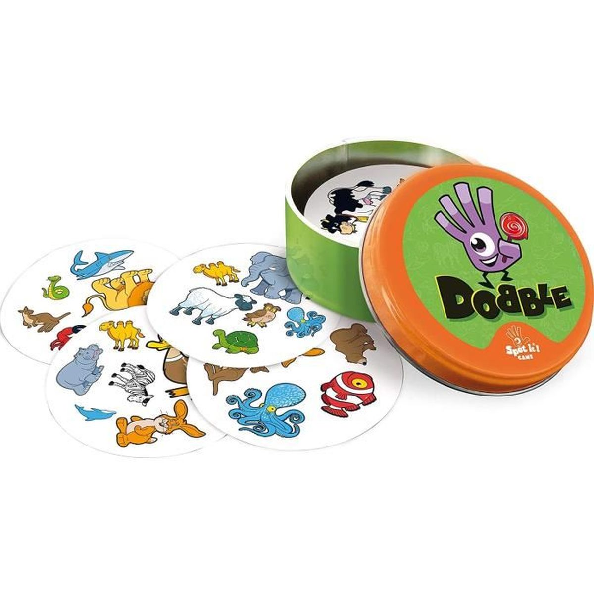 Het spel Dobble. Kaarten met dierentekeningen. De doos is groen en oranje. Het deksel toont een hand en de naam van het spel.