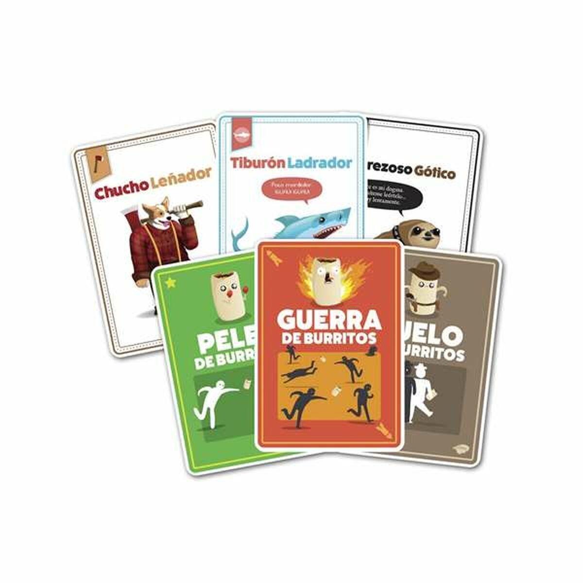 Karten mit Illustrationen und Text auf Spanisch. Themen sind ein Holzfällerhund, ein Hai, ein Faultier und Burritos.