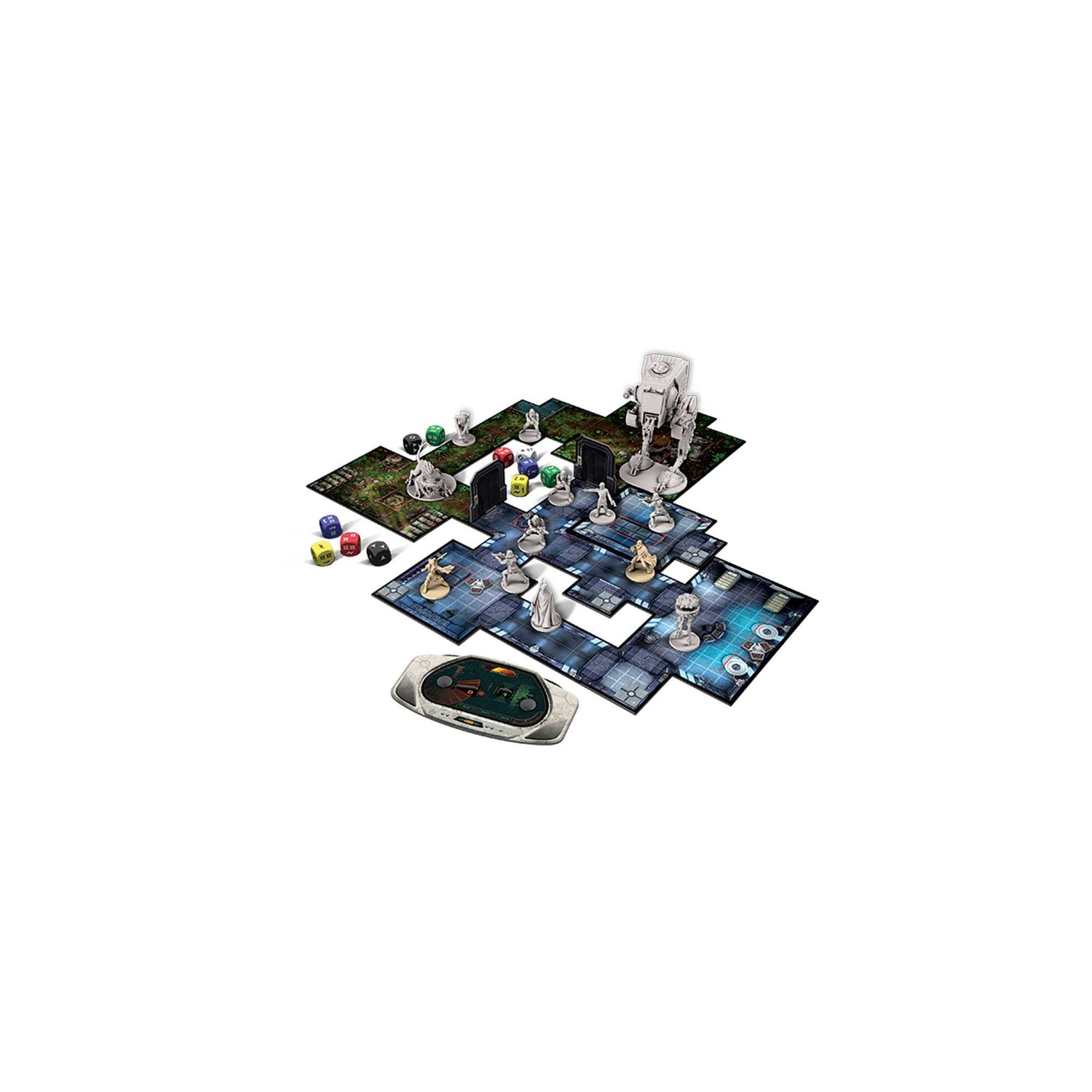 Brettspiel mit Figuren, Würfeln und einem Bedienfeld. Das Spielbrett zeigt Räume und Korridore. Figuren sind auf dem Brett positioniert.