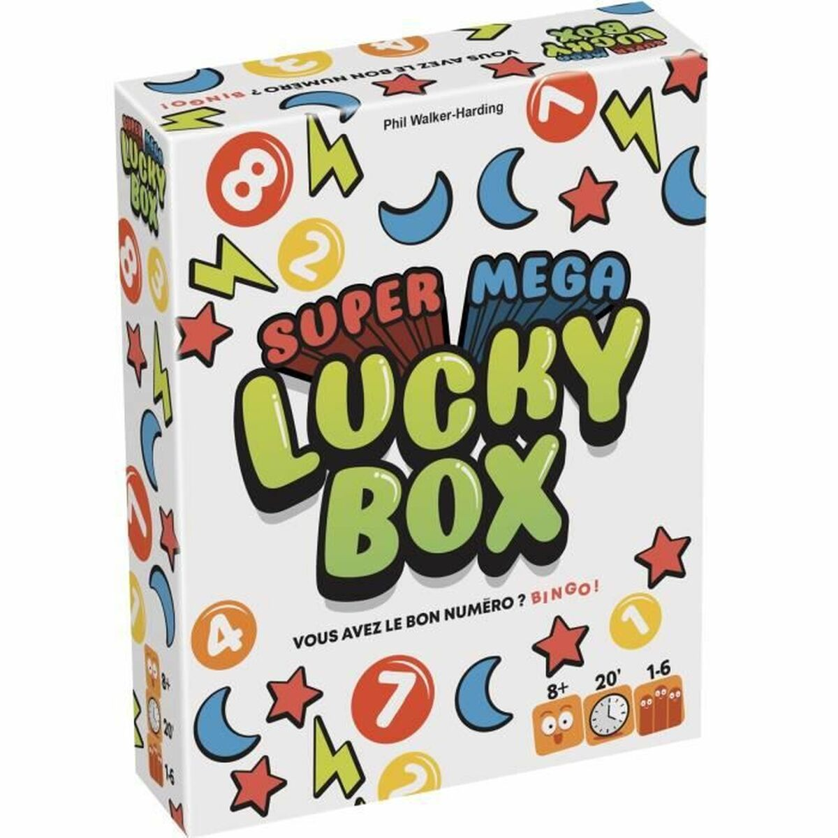 Een witte speldoos met 'SUPER MEGA LUCKY BOX'. Er staan sterren, manen, nummers en Franse tekst op.