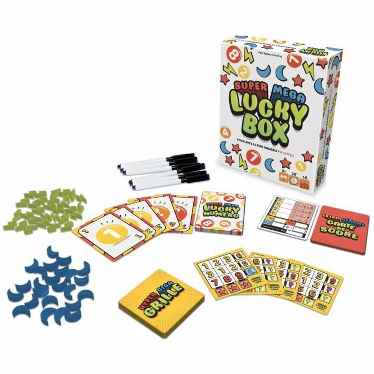 Een Super Mega Lucky Box spel. Bevat een doos, kaarten, stiften en spelstukken. Er zijn verschillende kleuren en vormen aanwezig.