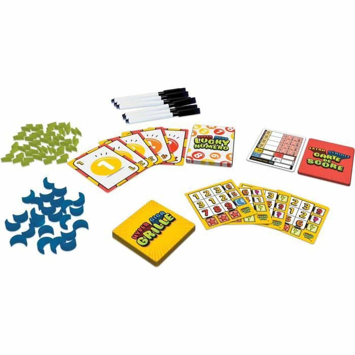 Een spelopstelling wordt getoond met kaarten, markers en spelstukken. De kaarten hebben nummers en afbeeldingen. Verschillende kleuren zijn te zien.