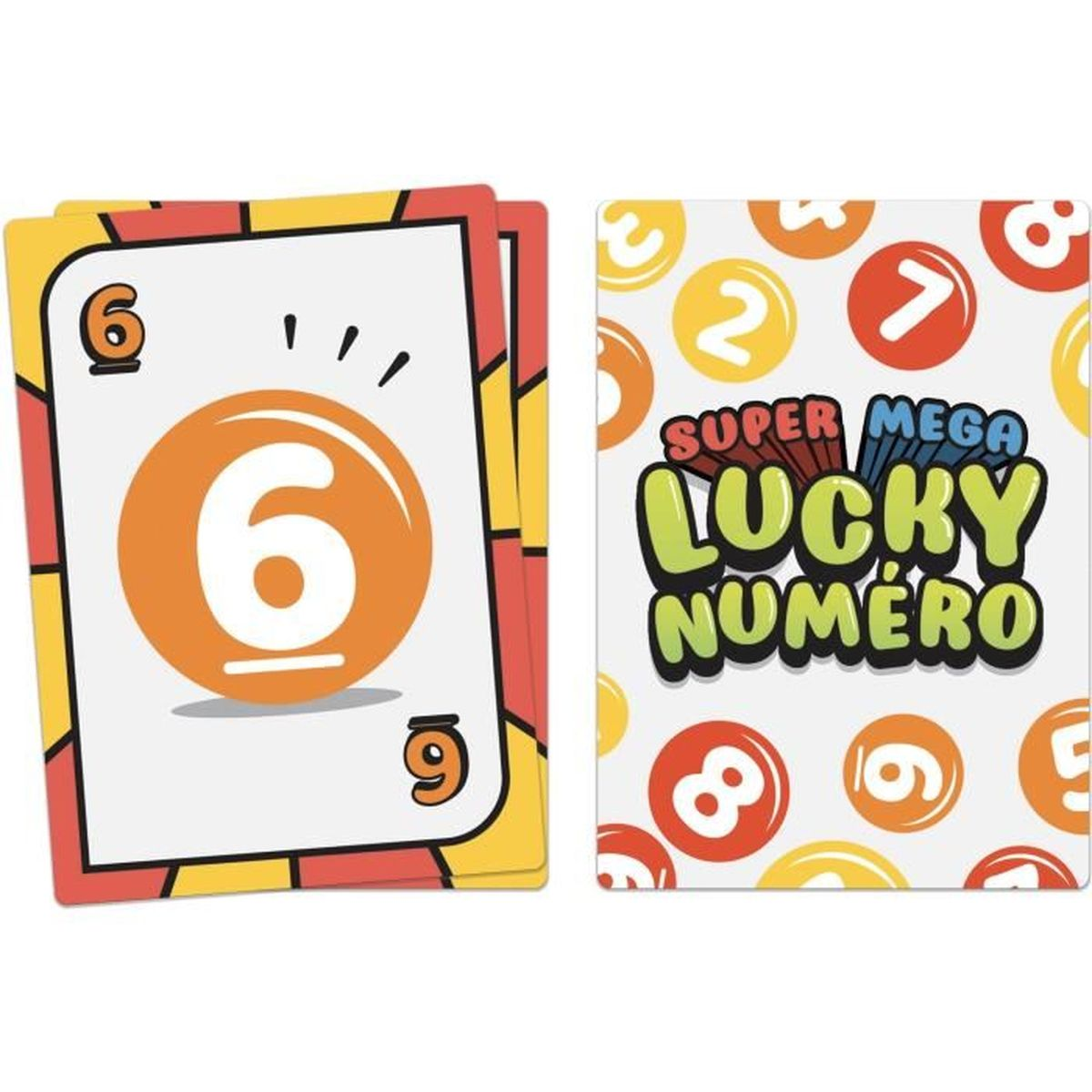 Kaarten met het nummer 6 en een speelkaart met de tekst 'Lucky Numero' en andere nummers.