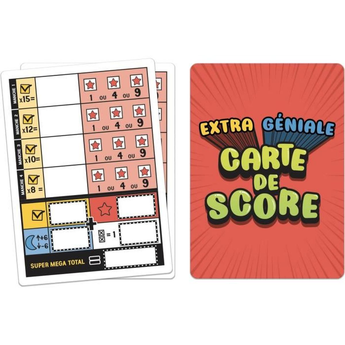 Een spelkaart met scoresecties en een rode kaart met 'Extra Géniale Carte de Score' erop.