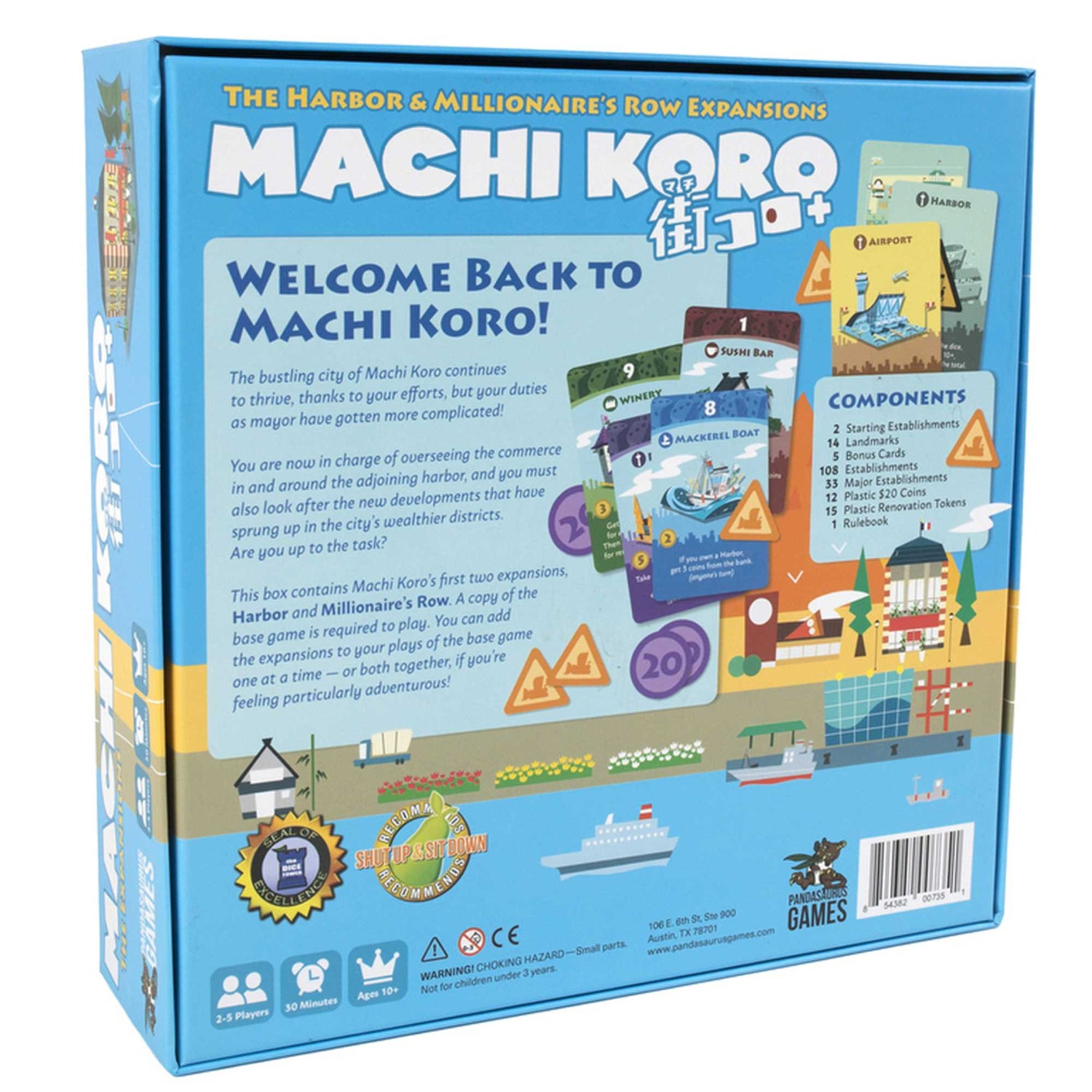 Die Rückseite einer Machi Koro-Spielbox. Sie enthält Text und Bilder von Karten und Gebäuden. Die Box ist blau.