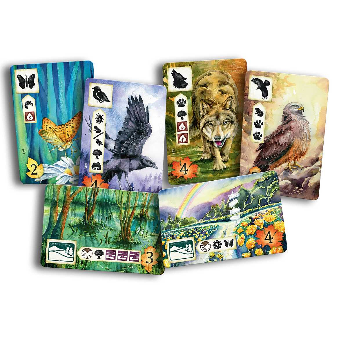 Karten mit Naturillustrationen: Schmetterling, Rabe, Wolf, Adler und Landschaft. Jede Karte hat eine Zahl und Natursymbole.