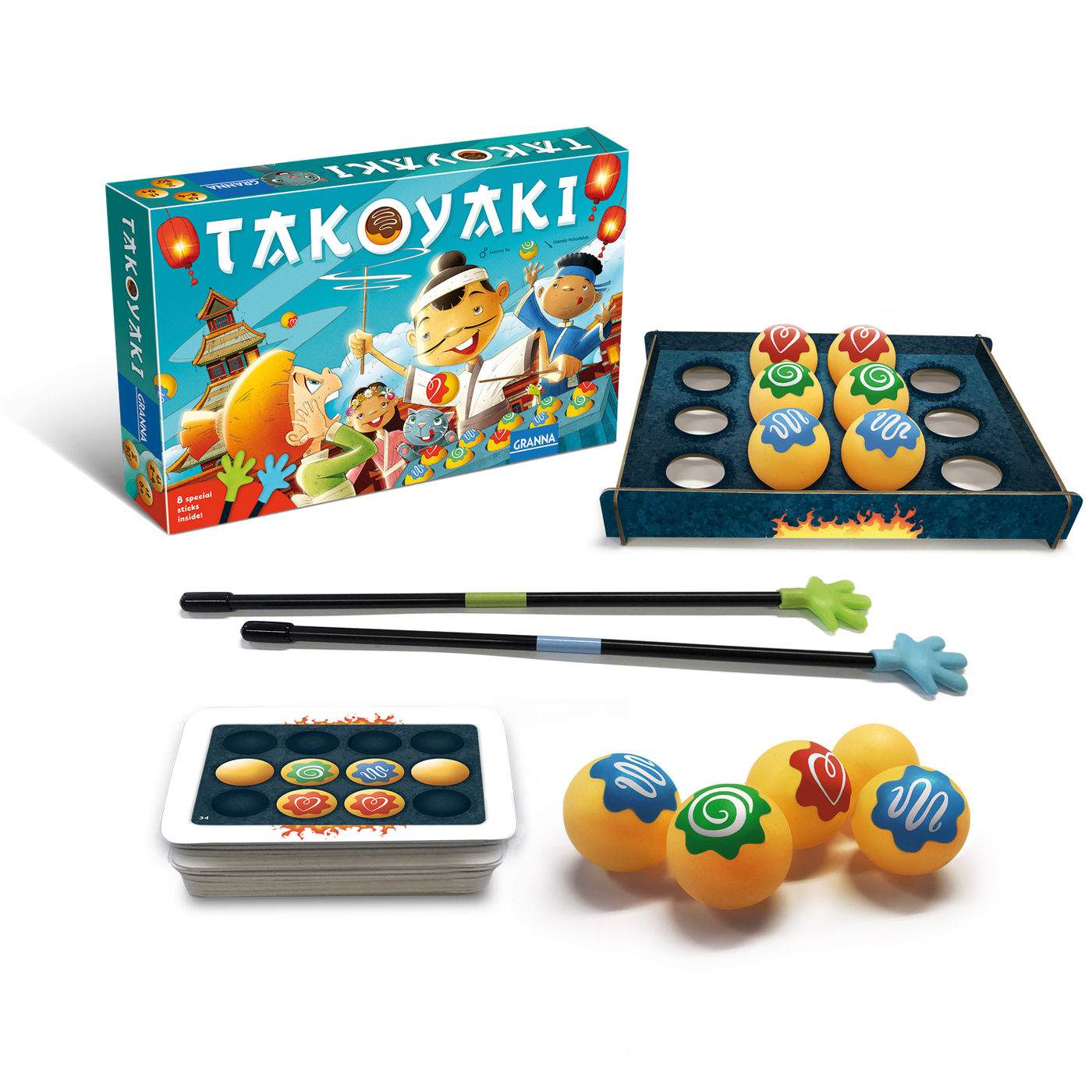 Takoyaki-Brettspiel. Schachtel mit Illustrationen, Spielsteinen, Takoyaki-Bällen und Stäbchen auf weißem Hintergrund.