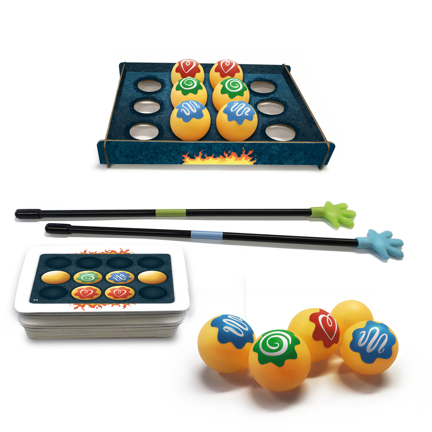 Ein Spiel mit Bällen und Stäben. Die Bälle haben verschiedene Designs und Farben. Es gibt ein Spielbrett und Karten.