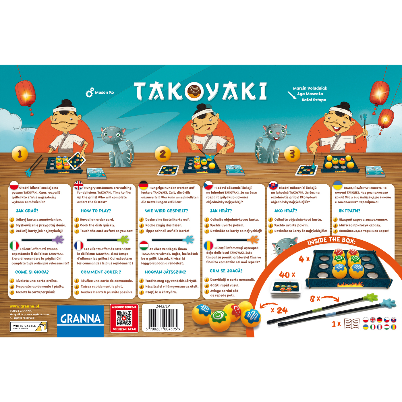 Spielbox mit Takoyaki-Motiv, enthält Karten, Figuren und Anweisungen.