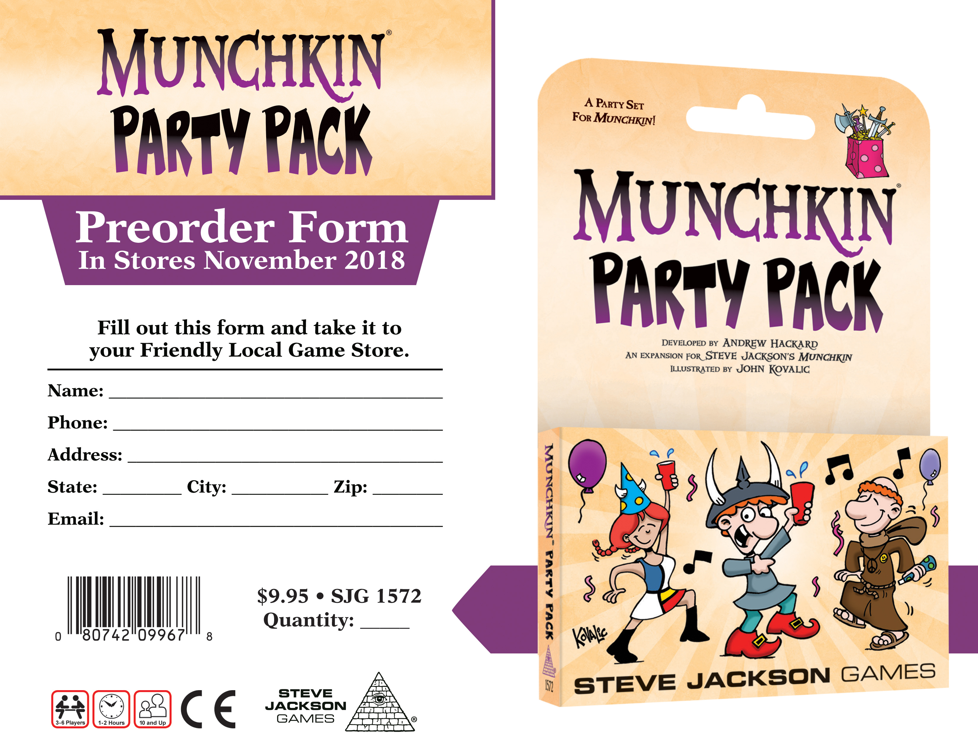 Kartenspielbox. Titel: Munchkin Party Pack. Vorbestellformular. Tanzende Charaktere. Steve Jackson Games Logo.