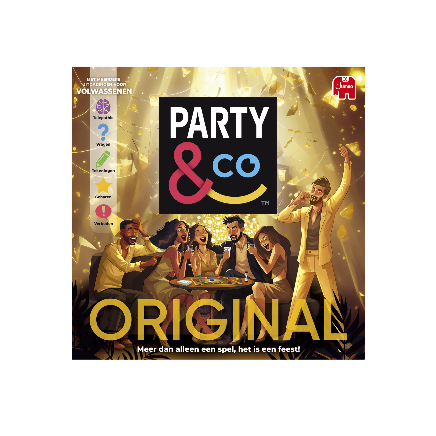 Party & Co-Brettspielbox. Menschen versammeln sich um einen Tisch. Goldener Konfetti-Hintergrund. Jumbo-Logo.