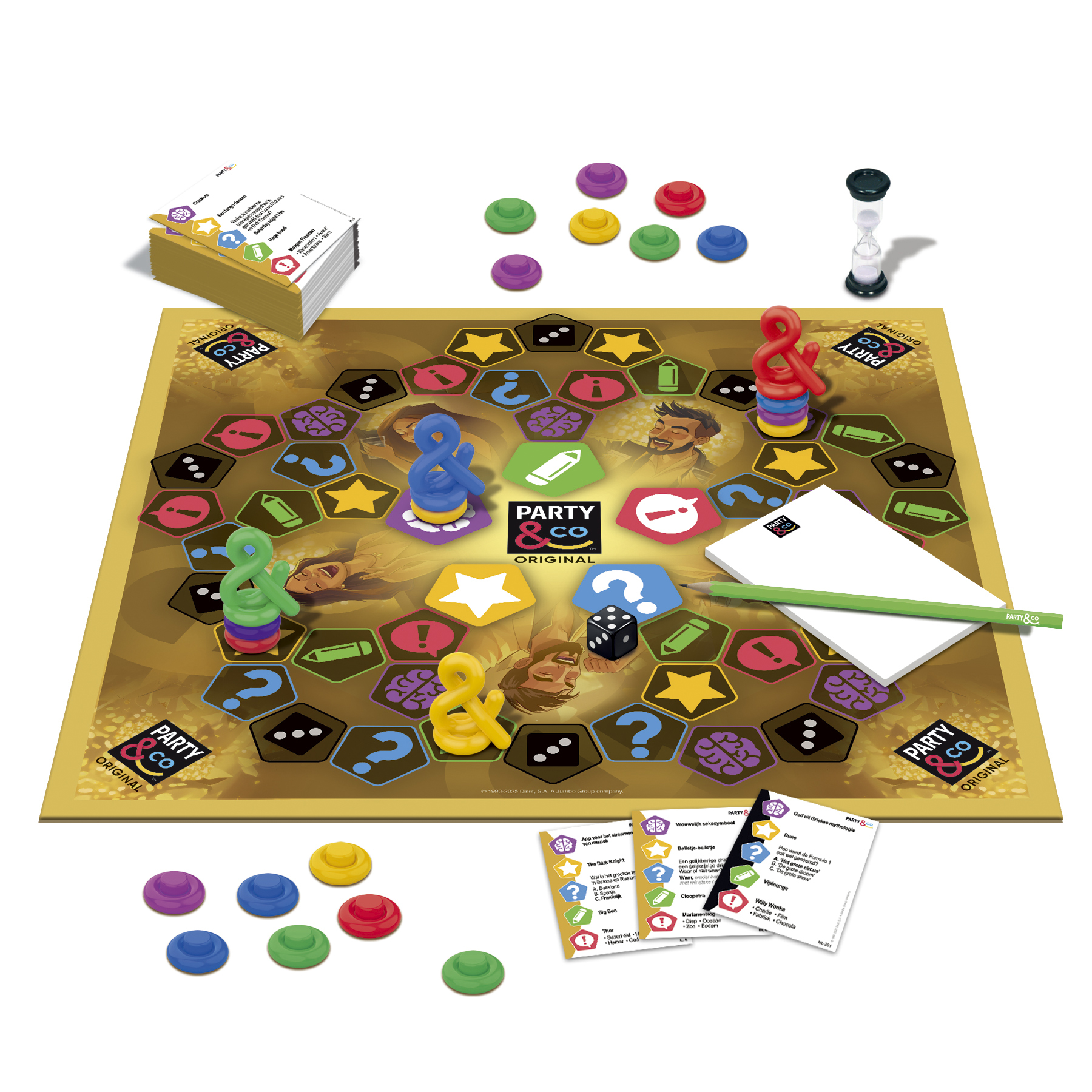 Brettspiel 'Party & Co' mit Spielsteinen, Karten und Würfeln. Das Spielbrett ist goldfarben mit bunten Feldern.