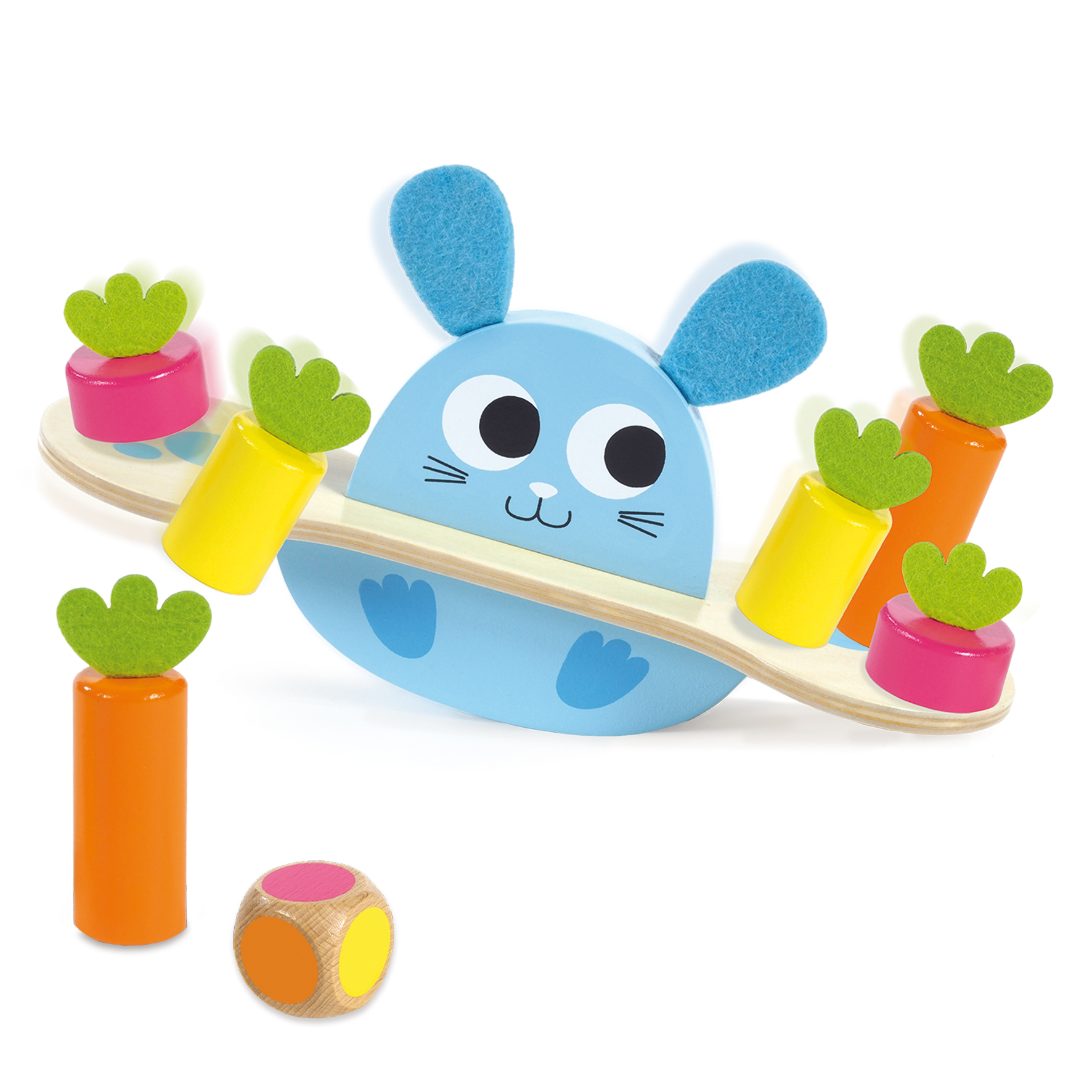 Eine blaue Hasenwippe mit bunten Holzkarotten und einem Würfel. Der Hase hat blaue Ohren. Weißer Hintergrund.