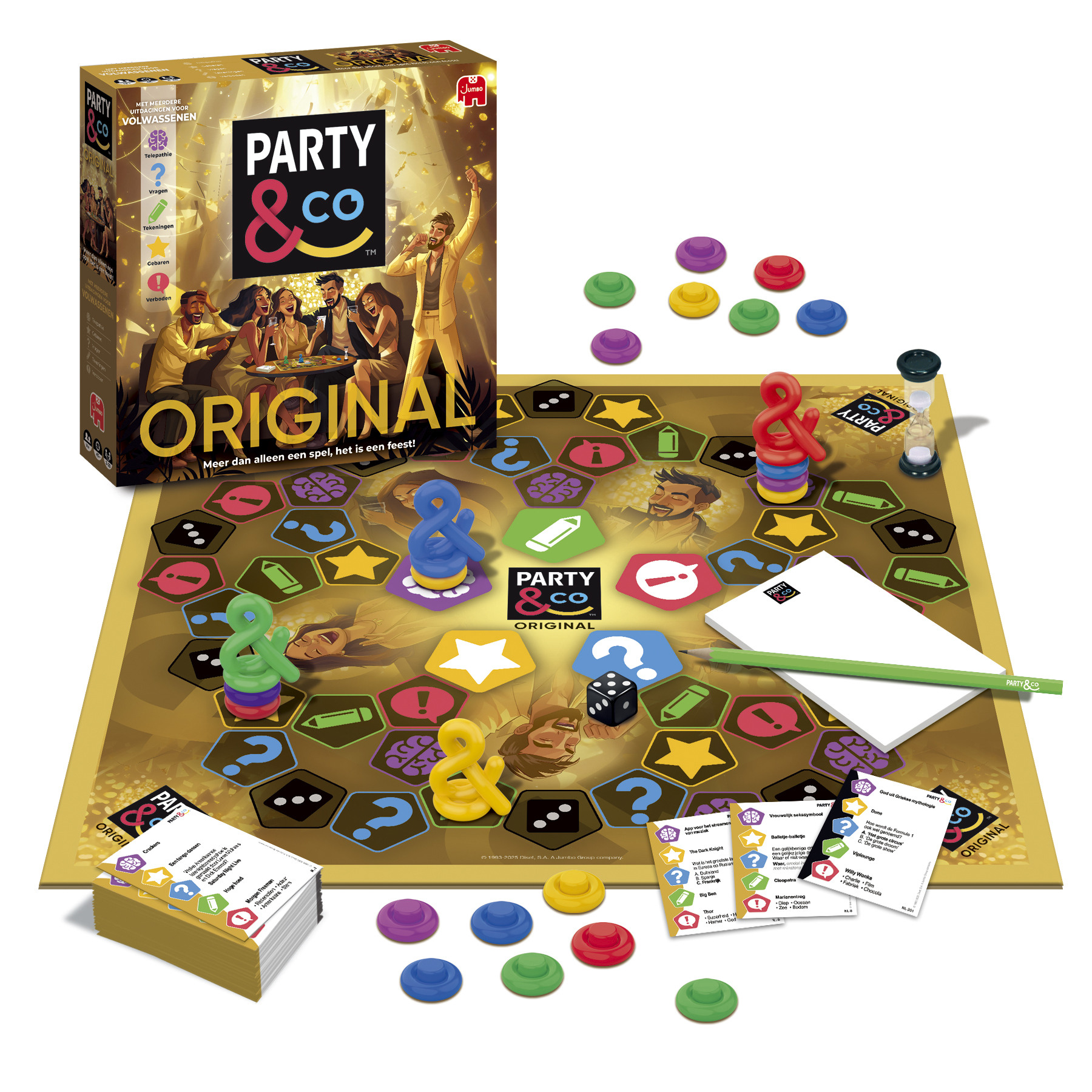 Brettspiel mit Spielsteinen, Würfeln, Karten und einer Schachtel. Die Schachtel hat die Worte Party & Co Original.