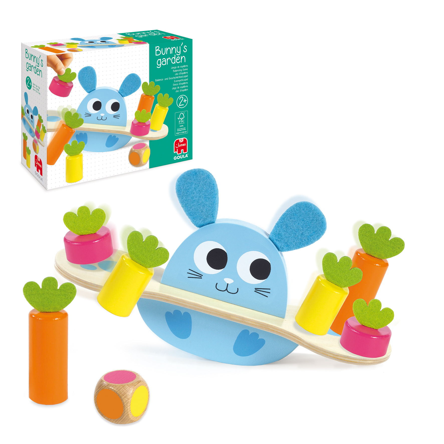 Hasen-Balance-Spiel mit Karotten und hasenförmiger Basis. Eine Box zeigt das Spiel und ein Würfel liegt daneben.