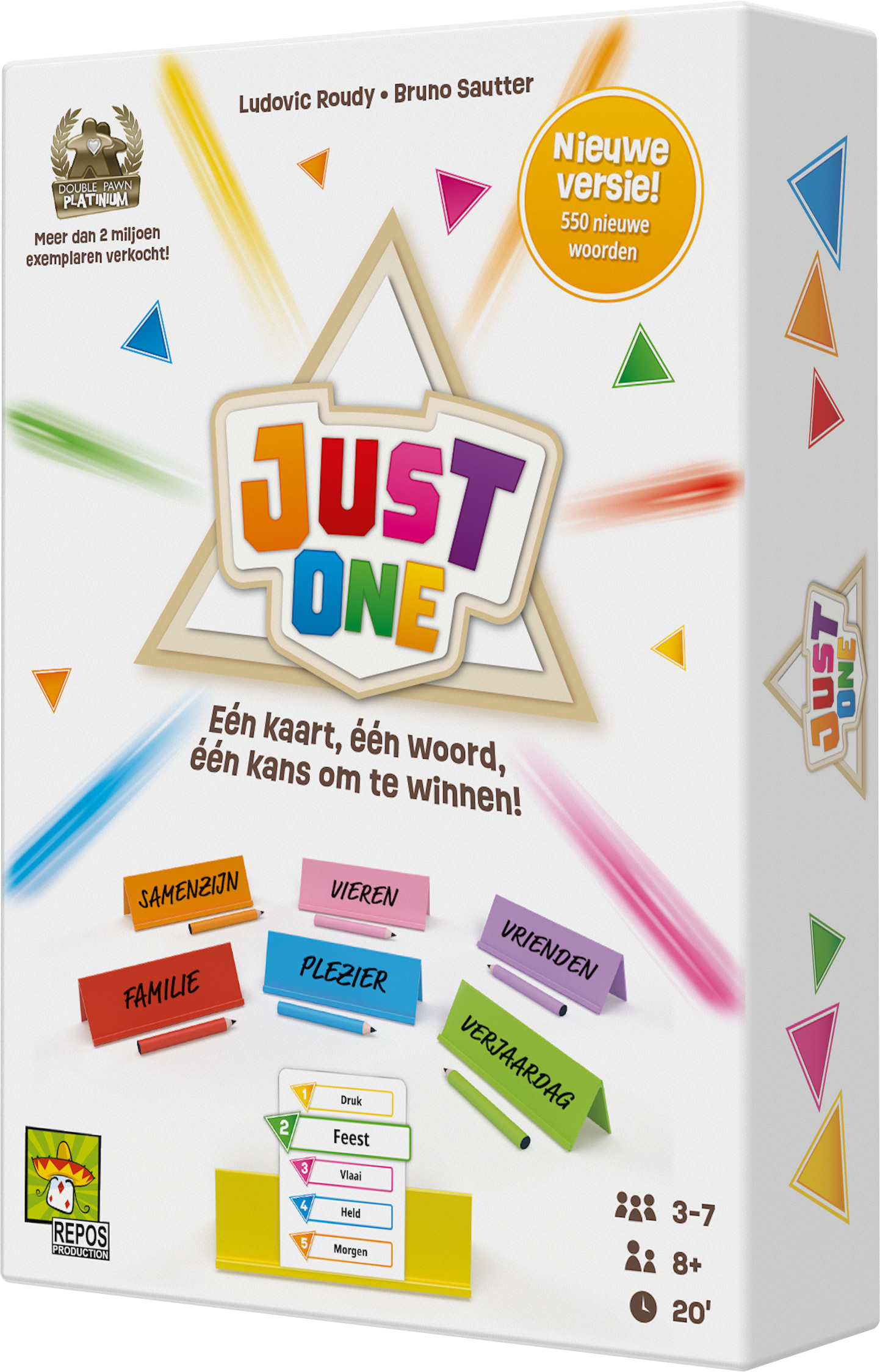 Een 'Just One' bordspeldoos. Het heeft het logo van het spel, kleurrijke driehoeken en woorden als 'Familie', 'Vrienden' en 'Feest'.