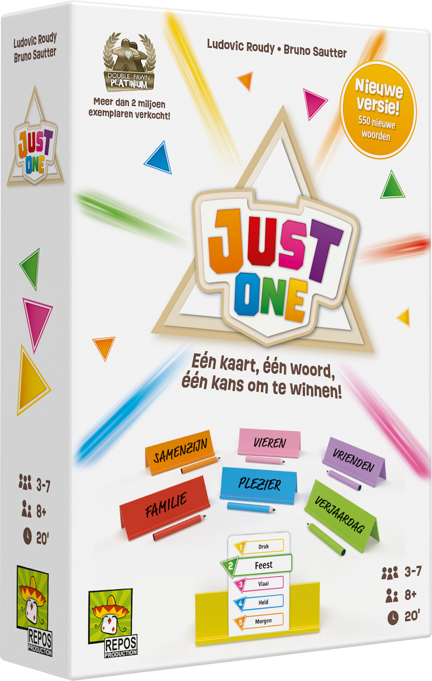 De speldoos toont het 'Just One'-logo. Het heeft kleurrijke driehoeken, tekst in het Nederlands en het 'Double Pawn Platinum'-logo.