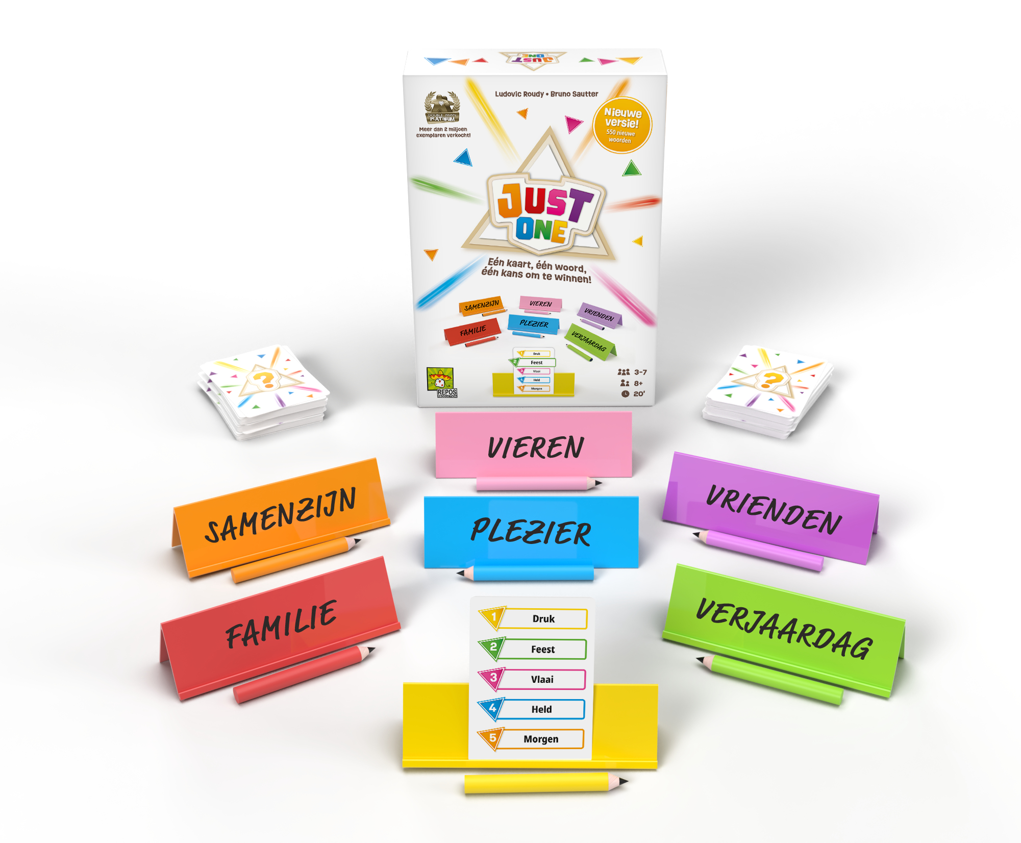 Het spel 'Just One' wordt getoond met kaarten, gekleurde borden met woorden en een doos met de titel van het spel.