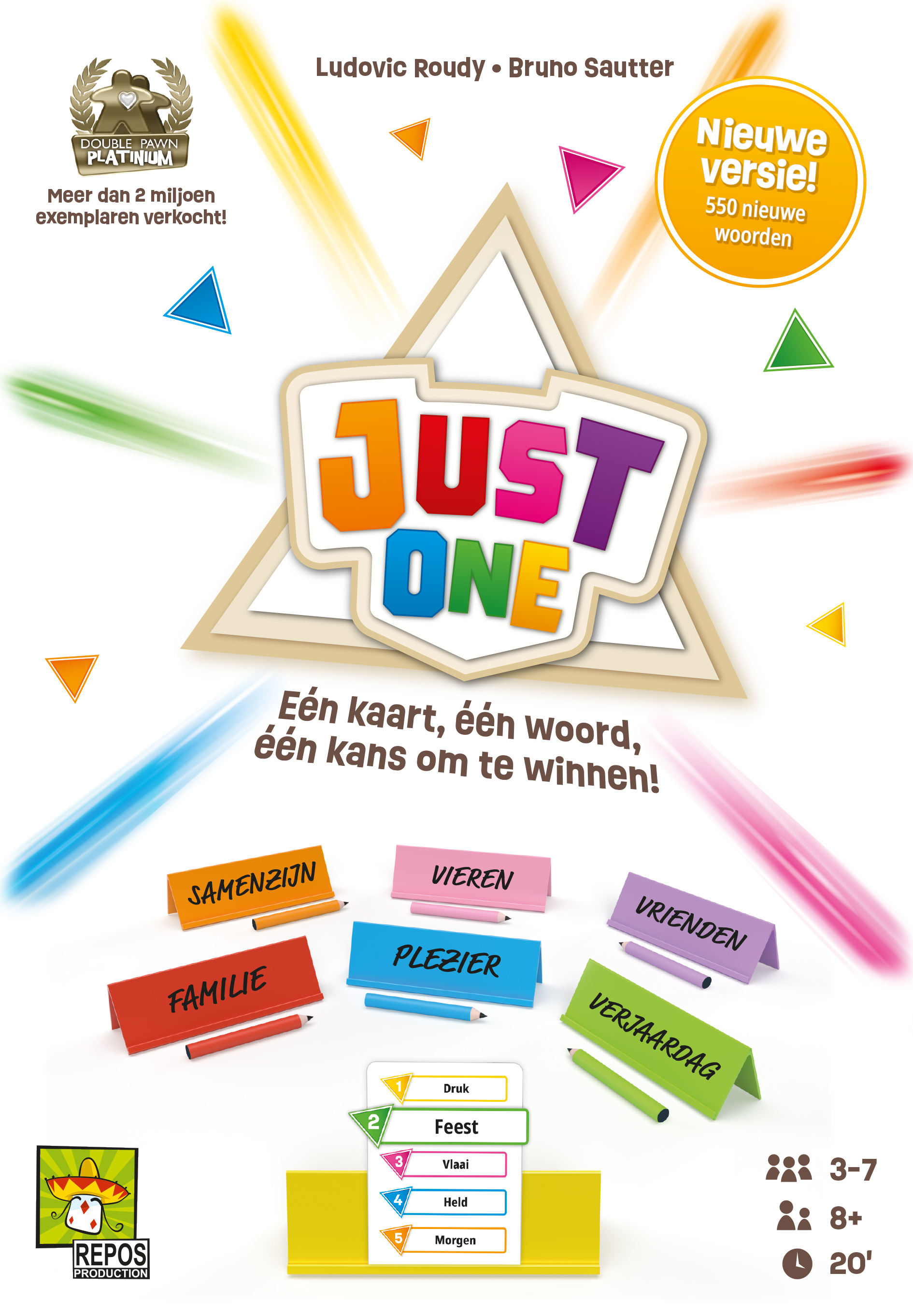 Het spel 'Just One' wordt getoond, met kleurrijke designelementen en woorden als 'familie' en 'vrienden'.