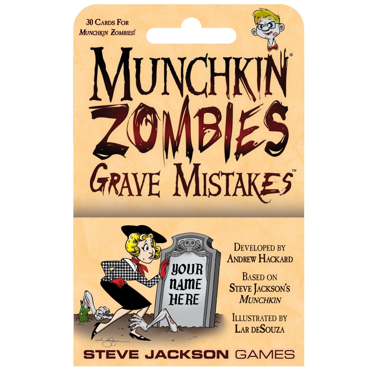 Kartenspiel-Box. Titel: Munchkin Zombies Grave Mistakes. Illustration: Frau rennt vor Zombies neben einem Grabstein. Steve Jackson Games.