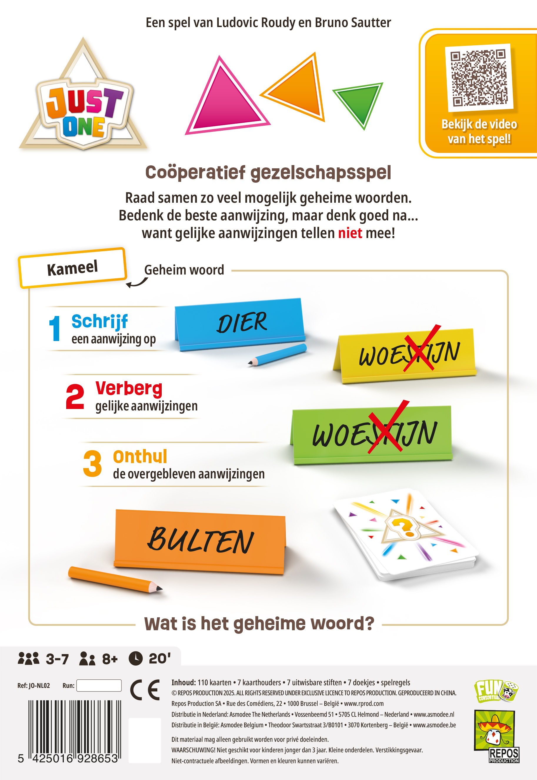 Spelbox met instructies, gekleurde driehoeken, tekst en een QR-code voor een video.