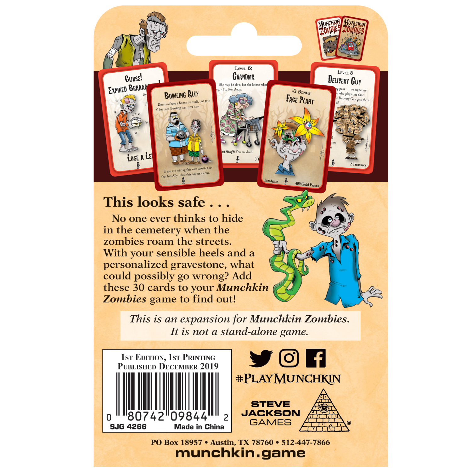 Rückseite der Munchkin Zombies Kartenspielbox. Enthält Spielkarten, Text, Zombie-Illustrationen und einen Barcode.