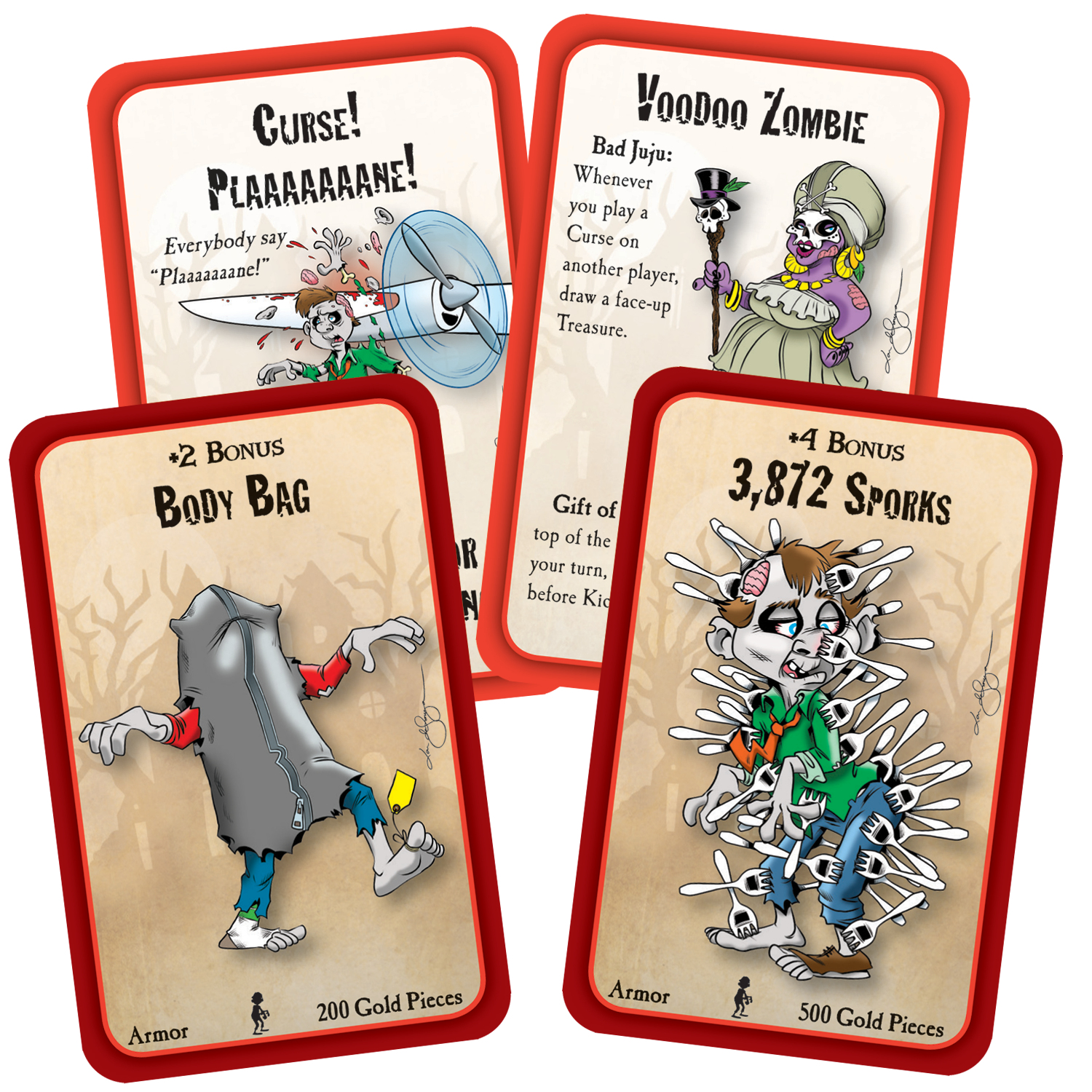Vier Spielkarten mit Cartoon-Zombies. Die Karten lauten Curse, Body Bag, Voodoo Zombie und 3.872 Sporks. Jede Karte hat einen anderen Zombie.