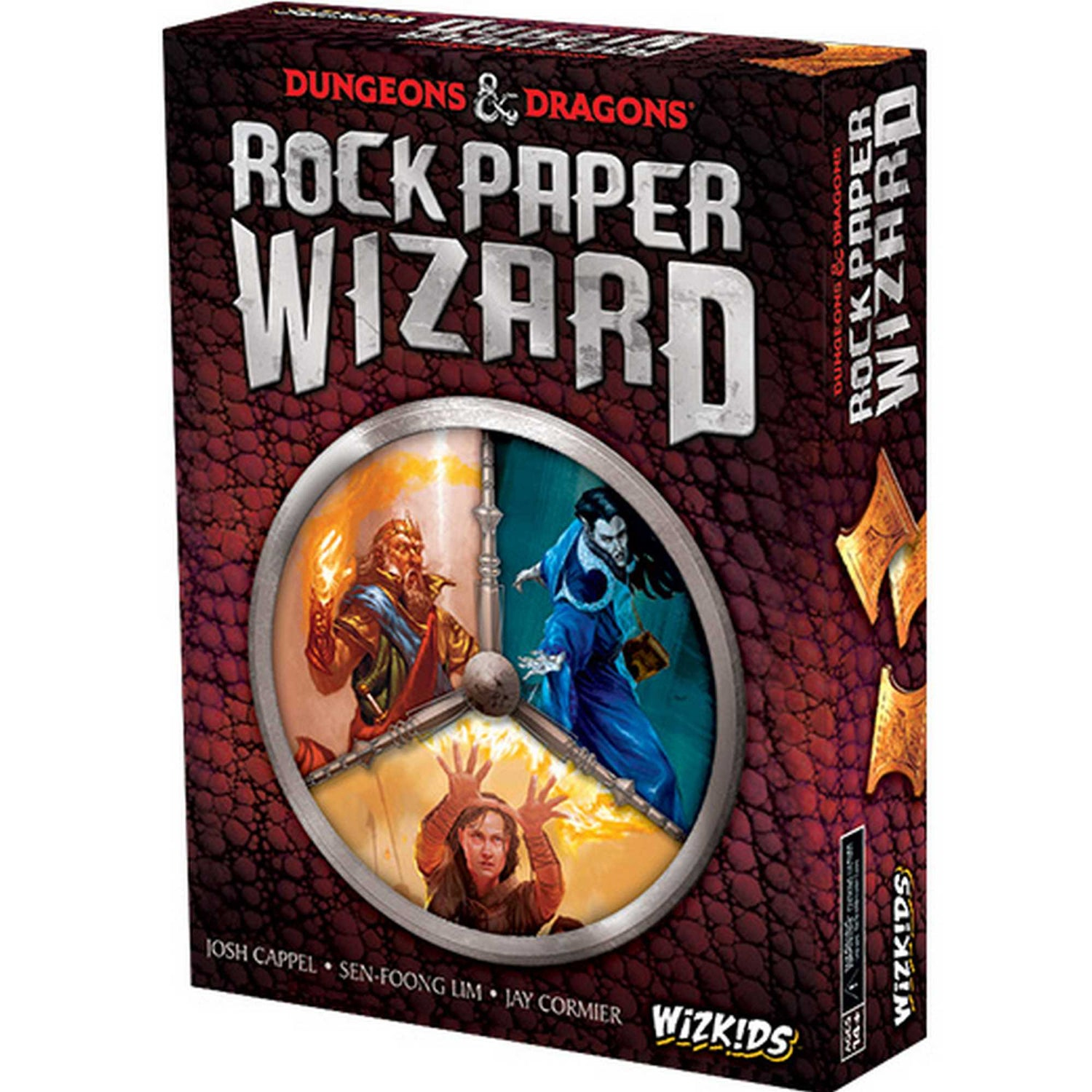 Schachtel des Spiels Rock Paper Wizard. Enthält Titel, Dungeons & Dragons Logo und Charakterbilder. Die Box ist braun und rot.
