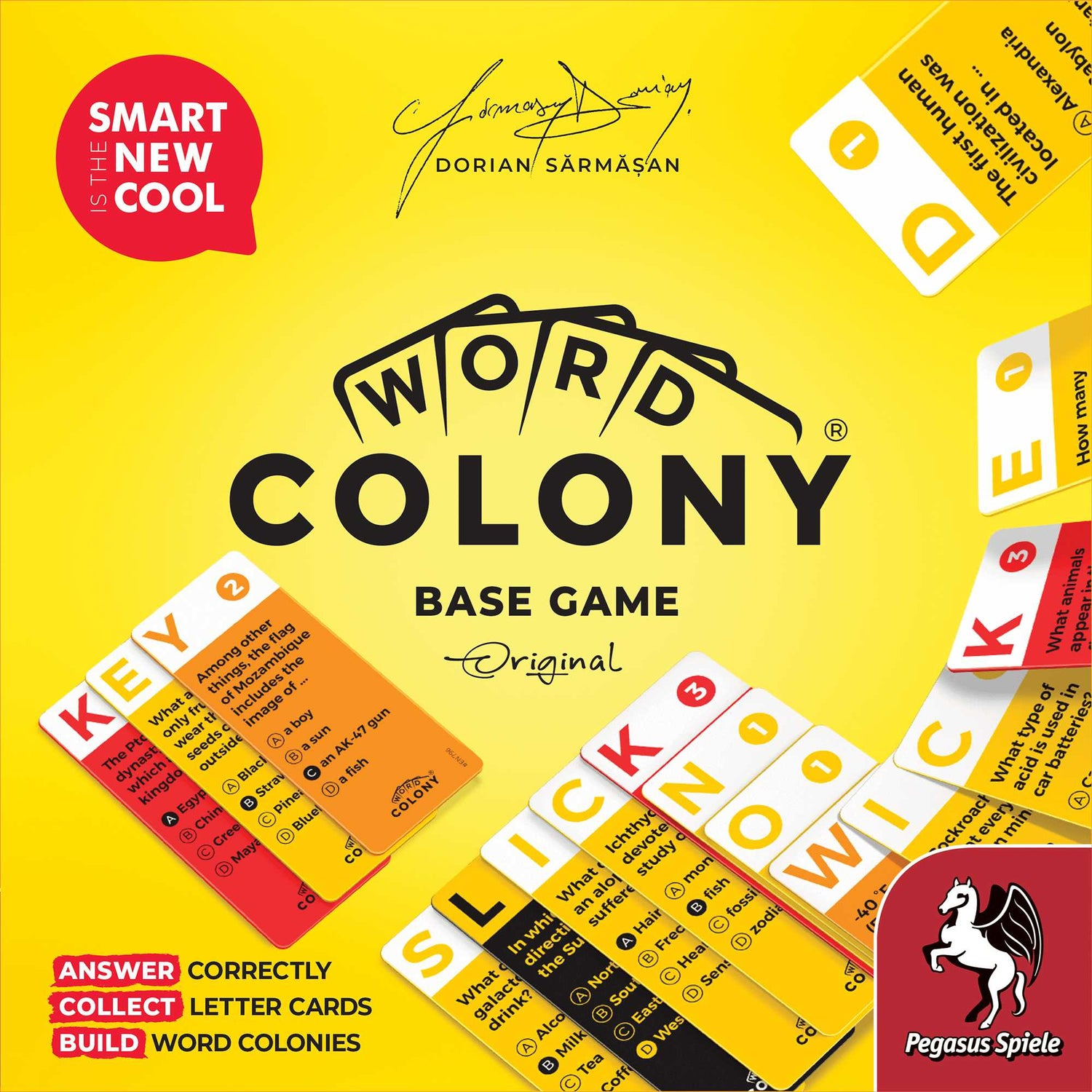 Brettspiel 'Word Colony' mit Karten, Text und Logo. Heller gelber Hintergrund mit roten und weißen Akzenten.
