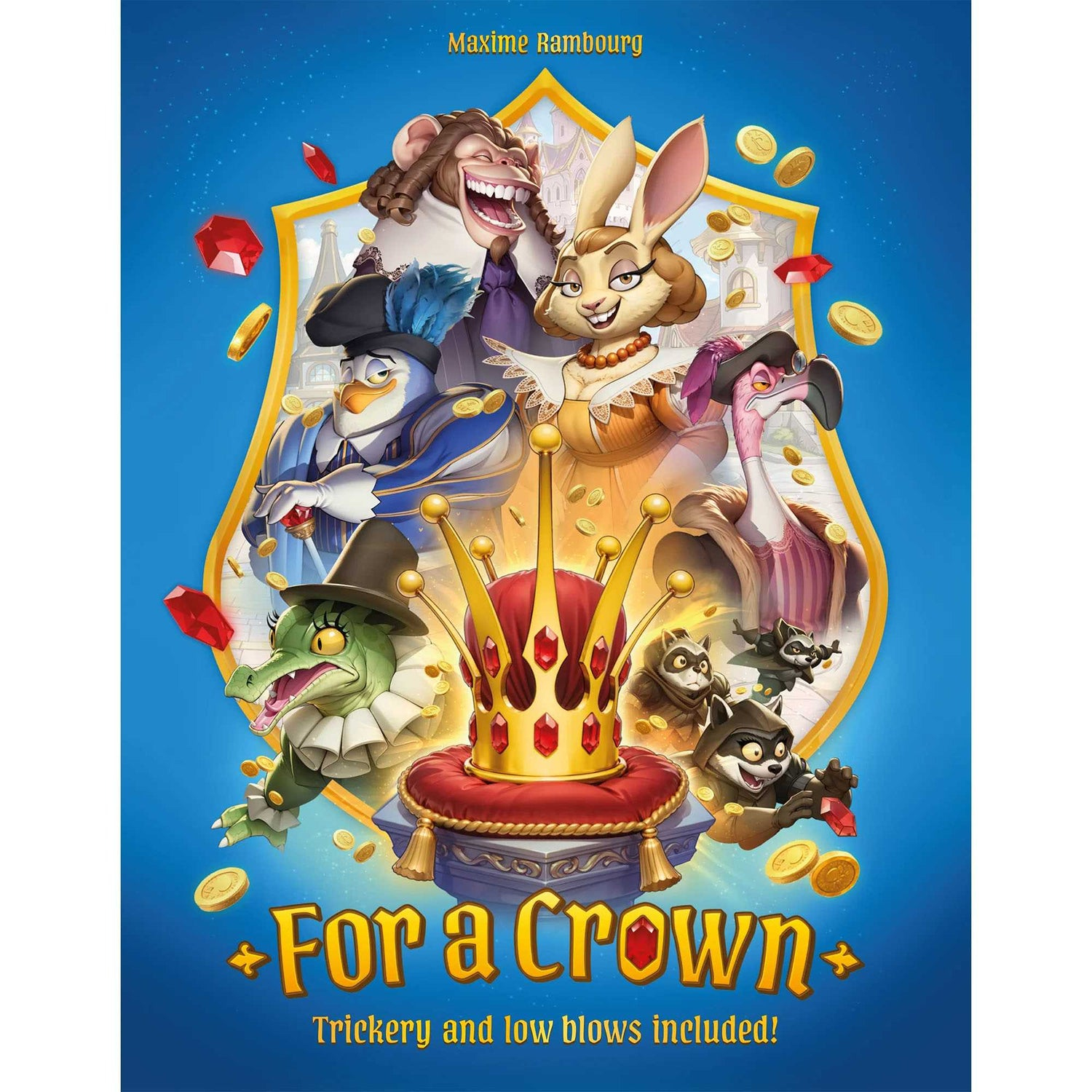 Buchcover: Cartoon-Tiere umgeben eine Krone. Der Text lautet 'For a Crown' und 'Trickery and low blows included!'