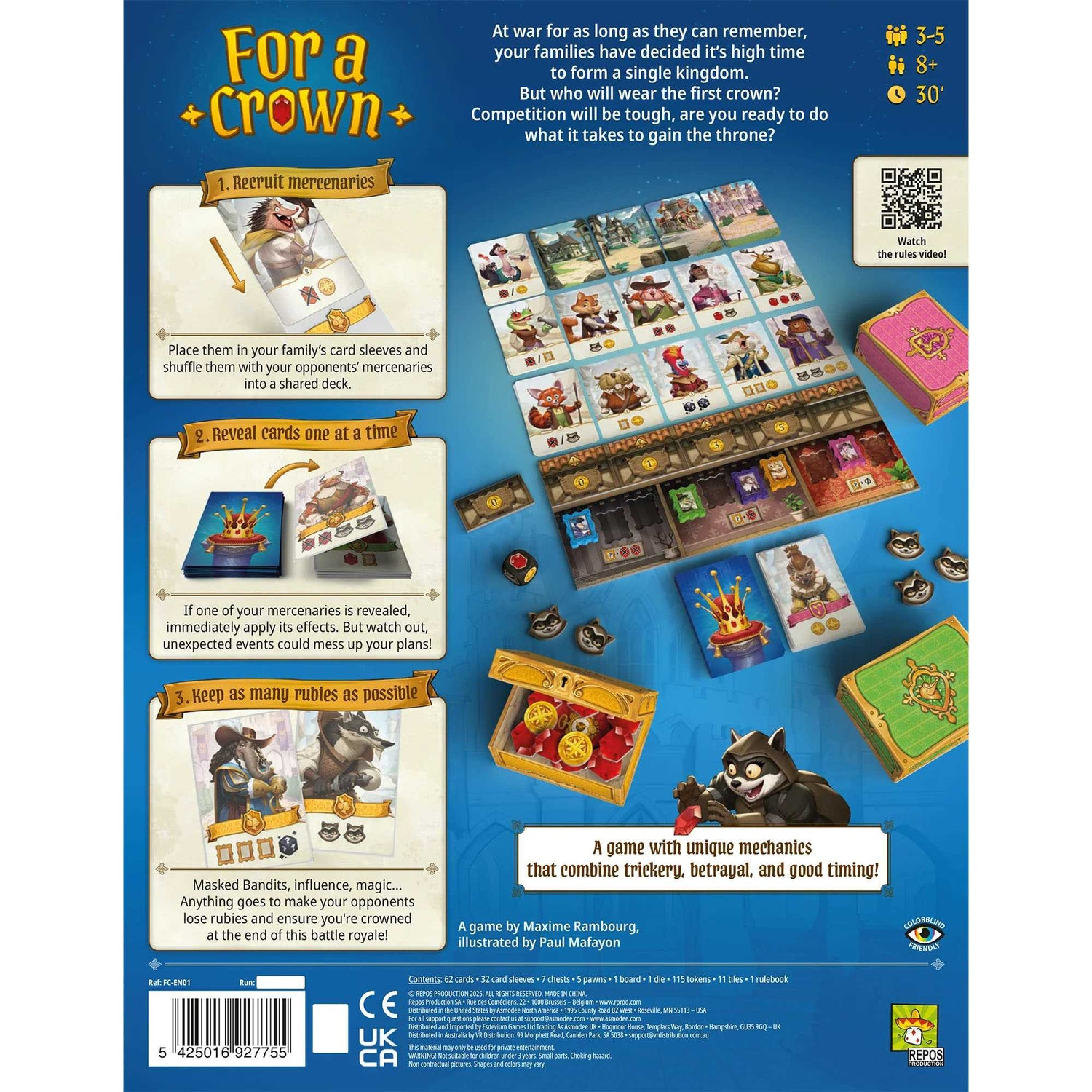 Brettspielbox mit dem Titel 'For a Crown'. Illustrationen von Karten, Spielsteinen und einem Waschbären.