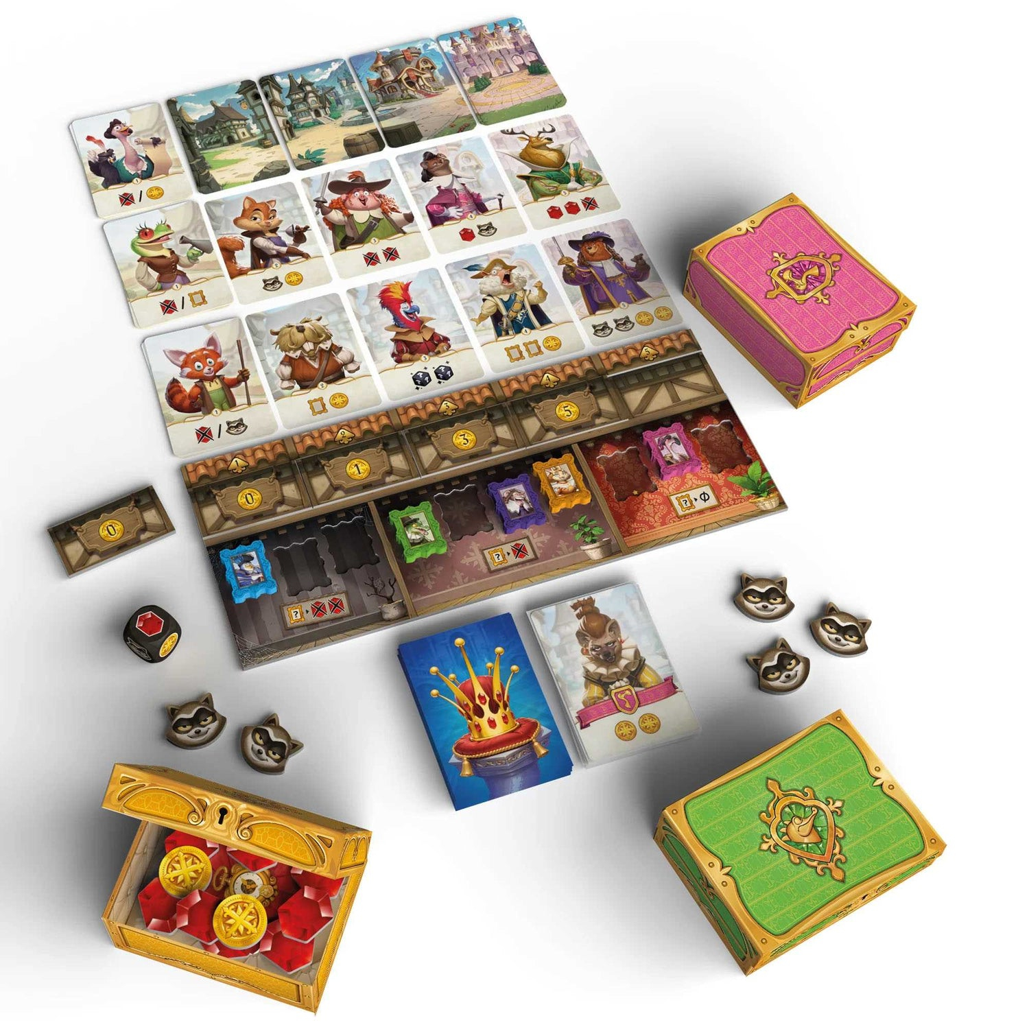 Brettspielkomponenten: Karten mit Tierfiguren, Spielbrett, Schachteln, Spielsteine, Würfel, Schatzkiste mit Münzen. Rosa und grüne Boxen.