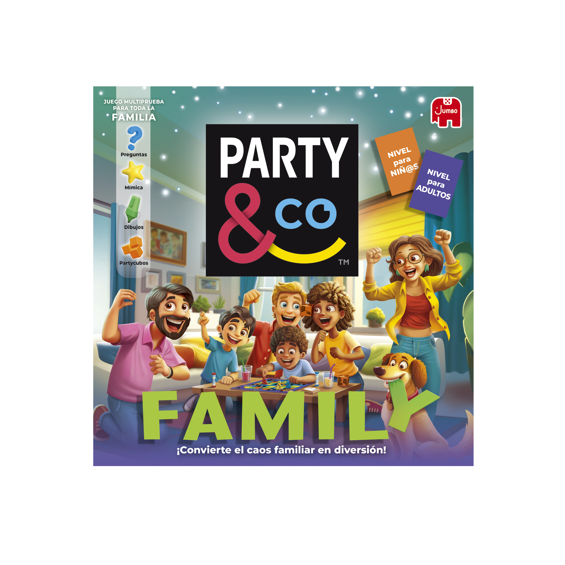 Caja del juego 'Party & Co Family'. Una familia juega. La caja tiene el nombre del juego y niveles de edad.