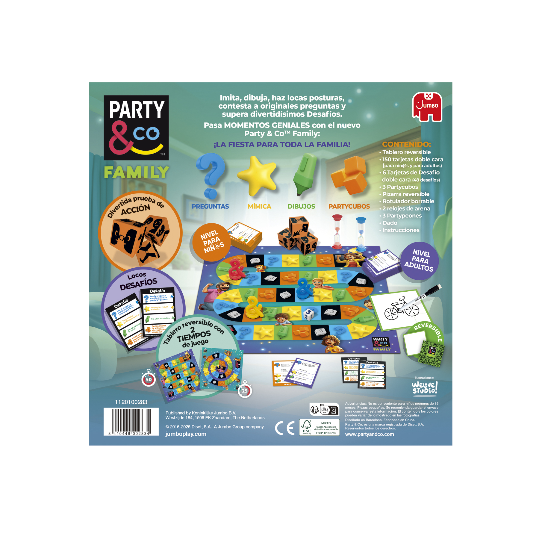 Caja de juego de mesa con diseño colorido. Incluye tablero, cartas y piezas. 'Party & Co Family' es visible.
