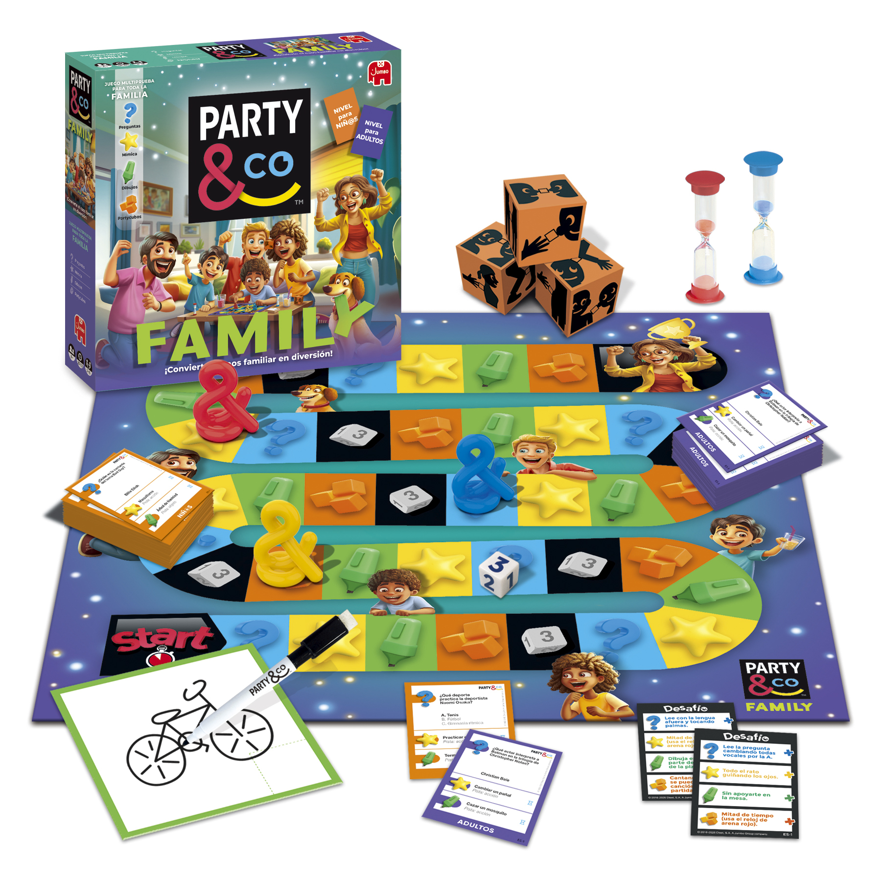 Caja de juego de mesa con ilustración familiar, fichas, dados, temporizadores y cartas.