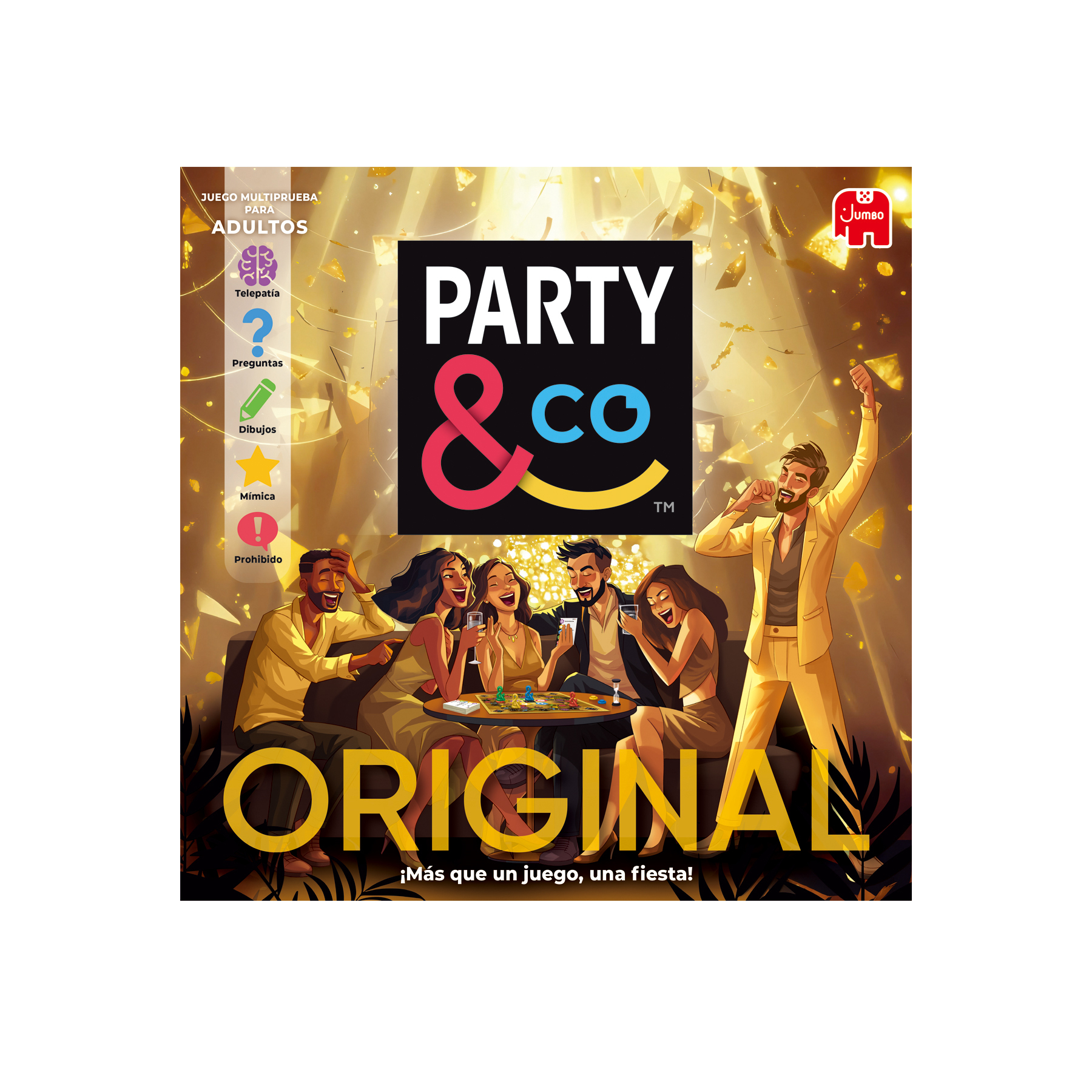 Portada del juego de mesa Party & Co. Gente alrededor de una mesa, celebrando. Confeti dorado al fondo. Juego 'ORIGINAL'.