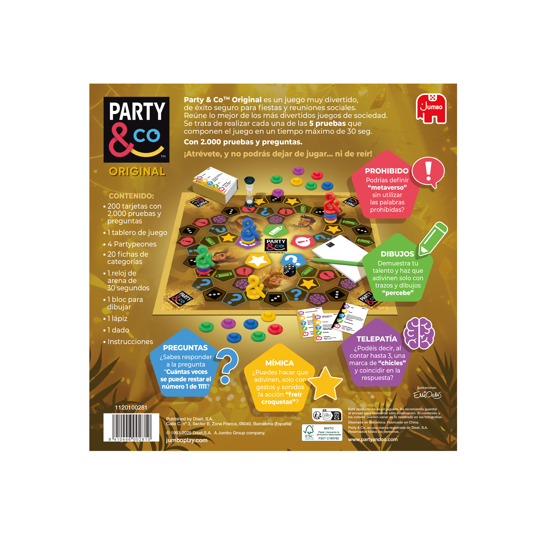 Caja del juego Party & Co. Tablero, cartas y fichas sobre fondo amarillo. Texto en español. Logotipo de Jumbo.