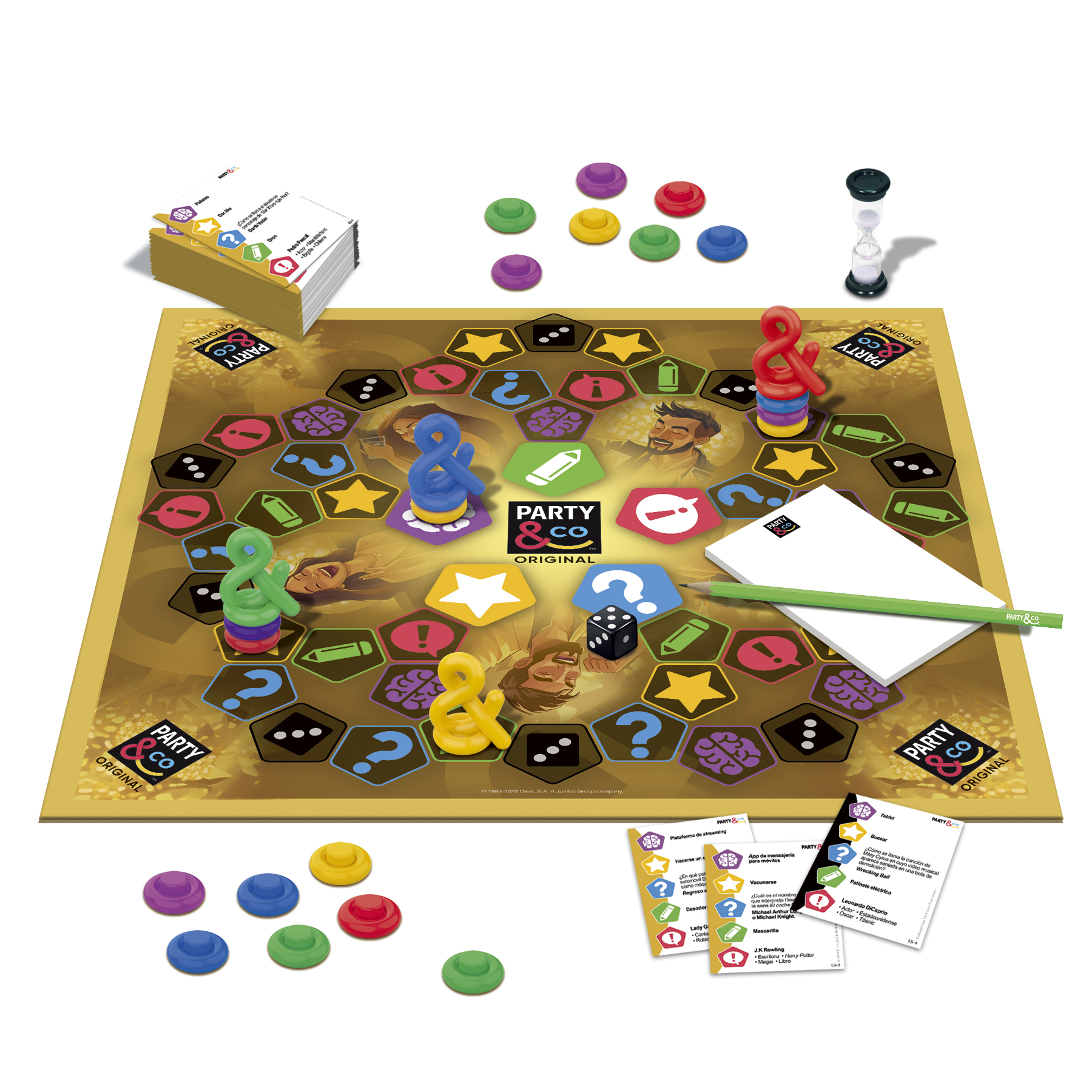 Juego de mesa 'Party & Co' con fichas, cartas y dados. El tablero tiene casillas e ilustraciones coloridas.