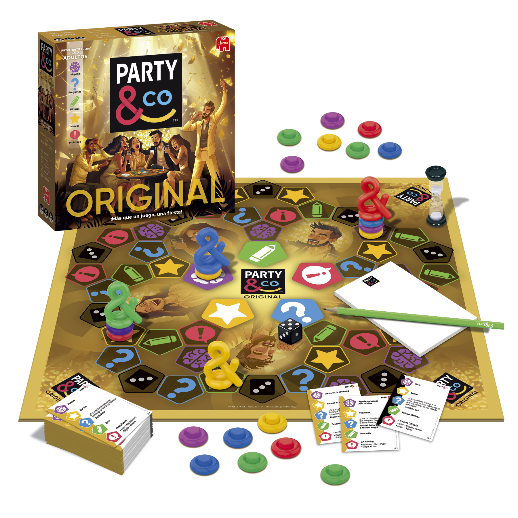 Juego de mesa Party & Co. Se ven el tablero, fichas, cartas y caja. Hay personas en la ilustración de la caja.