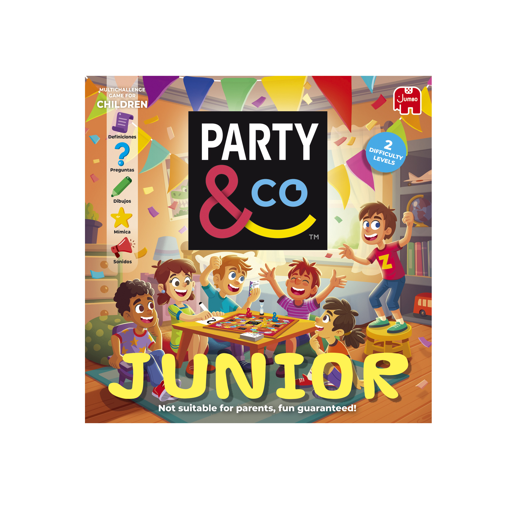 La carátula muestra a niños jugando un juego de mesa llamado Party & Co Junior. El juego presenta varios iconos de desafío.