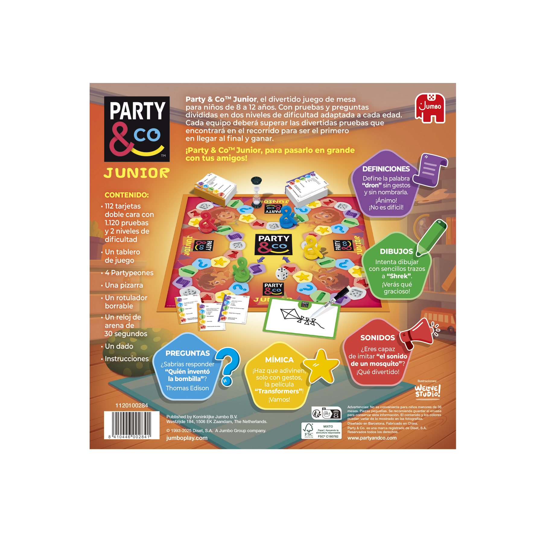 Caja de juego de mesa con texto e imágenes, con un tablero, cartas e instrucciones para niños.