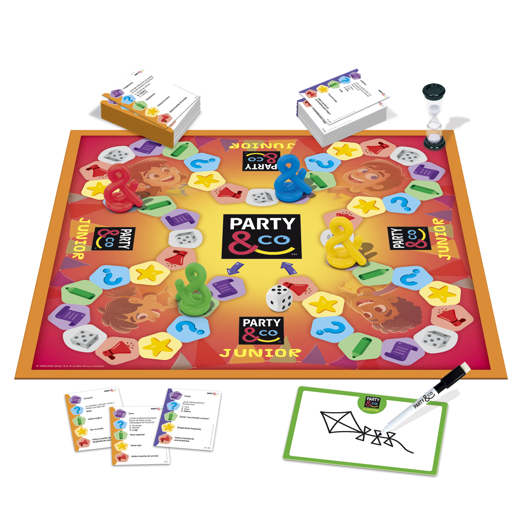 Un juego de mesa Party & Co Junior. Incluye tablero, cartas, dados, reloj de arena y piezas.