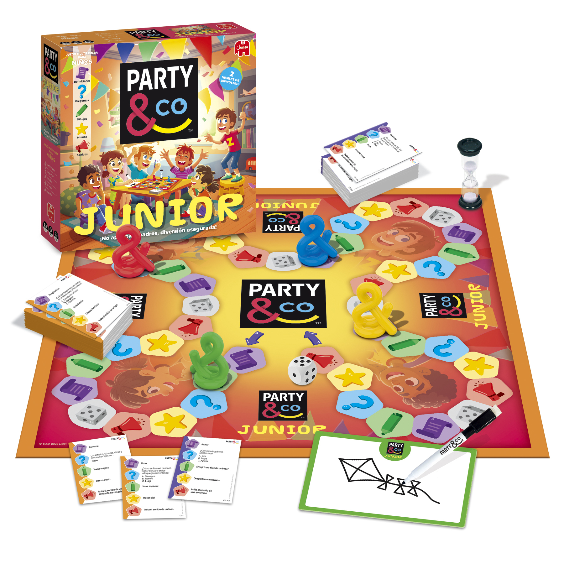 Juego de mesa Party & Co Junior con tablero, cartas, fichas, temporizador y caja.